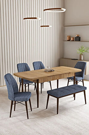 Lara Meşe Desen 80 X 132 Açılabilir MDF Mutfak Masası 4 Sandalye, 1 Bench