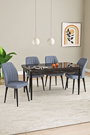 Elis Siyah Mermer Desen 80x132 Açılabilir Masa Takımı 4  Sandalye