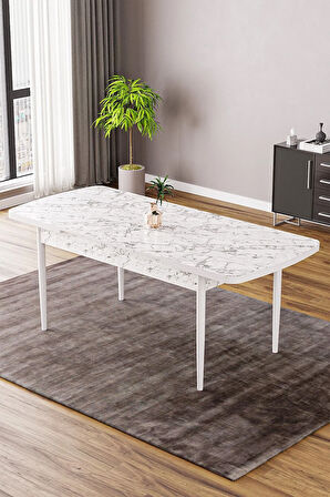 Vien Beyaz Mermer Desen 80 X 132 Açılabilir MDF Mutfak Masası 4  Sandalye