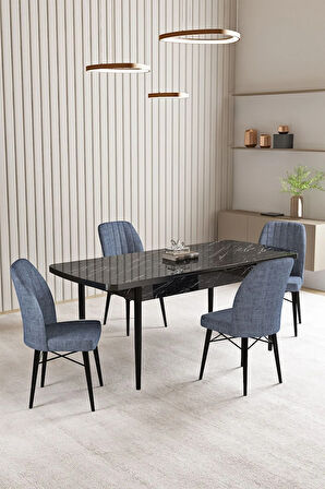Lara Siyah Mermer Desen 80 X 132 Açılabilir MDF Mutfak Masası 4  Sandalye