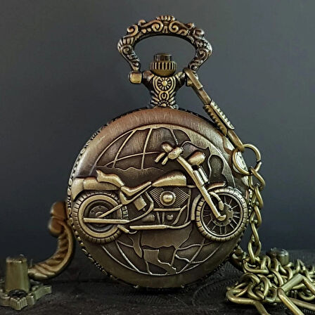 Motor Desenli Eskitme Metal Gövdeli Nostaljik Köstekli Hediyelik Cep Saati