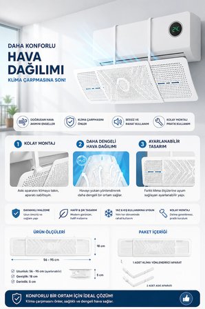 Ayarlanabilir Klima Yönlendirici Aparat 56-95 cm | Klima Hava Yönlendirici Deflektör | Klima Rüzgar Önleyici | Klima Çarpmasını Önleyici Askılı Klima Aparatı | Split Klima Uyumlu