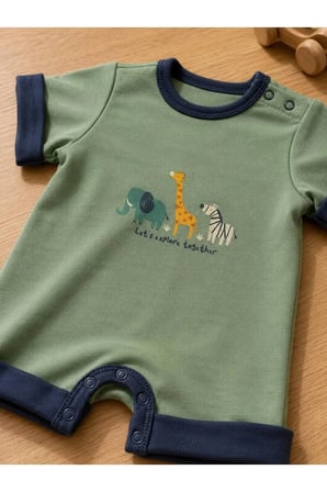 Unisex Bebek Tulum Hayvan Desenli Çıtçıtlı — Yeşil