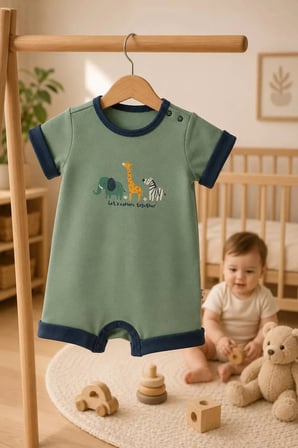 Unisex Bebek Tulum Hayvan Desenli Çıtçıtlı — Yeşil