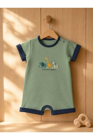 Unisex Bebek Tulum Hayvan Desenli Çıtçıtlı — Yeşil