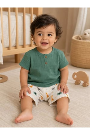 Unisex Çocuk Takım Şortlu Hayvan Desenli — Yeşil
