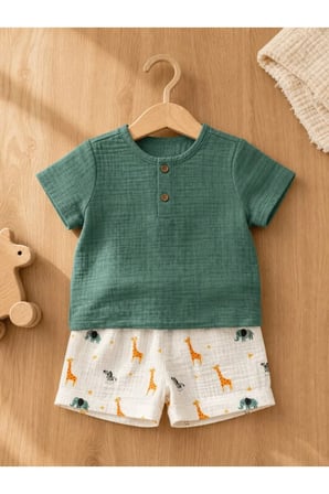 Unisex Çocuk Takım Şortlu Hayvan Desenli — Yeşil