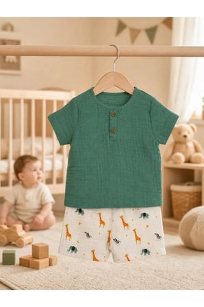 Unisex Çocuk Takım Şortlu Hayvan Desenli — Yeşil