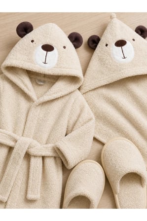 Unisex Bebek Bornoz Seti 3'lü Ayıcık Desenli — Beyaz