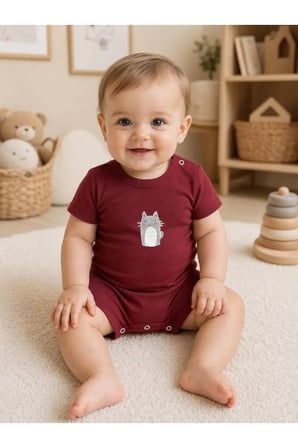 Unisex Bebek Tulum Kedi Desenli — Kırmızı