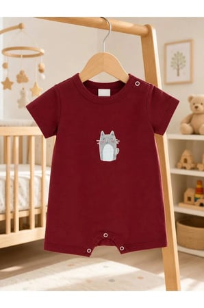 Unisex Bebek Tulum Kedi Desenli — Kırmızı