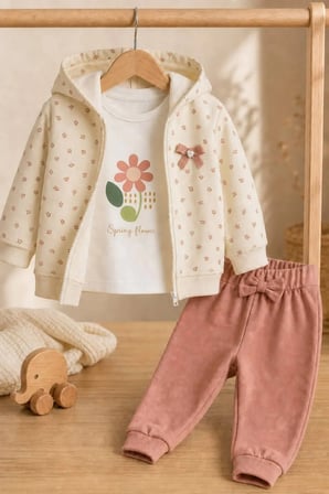 Kız Bebek Takım 3'lü Çiçekli — Beyaz Pembe