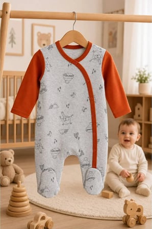 Unisex Bebek Tulum Rakun Desenli — Gri Turuncu
