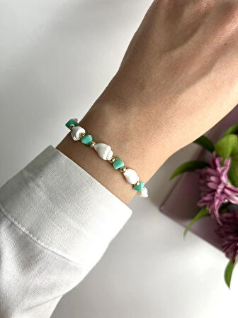 Deniz Kabuklu Turkuaz Kristal Taşlı Chic Makrome Bileklik