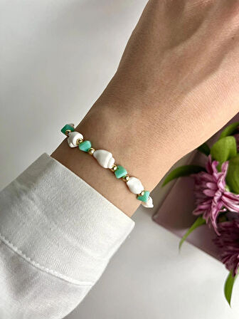 Deniz Kabuklu Turkuaz Kristal Taşlı Chic Makrome Bileklik