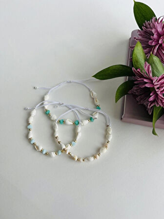 Deniz Kabuklu Turkuaz Kristal Taşlı Chic Makrome Bileklik