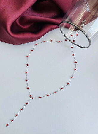 Paslanmaz Çelik Flame Kırmızı Taşlı Gümüş Y Kolye