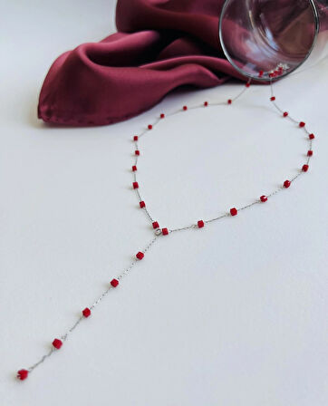 Paslanmaz Çelik Flame Kırmızı Taşlı Gümüş Y Kolye