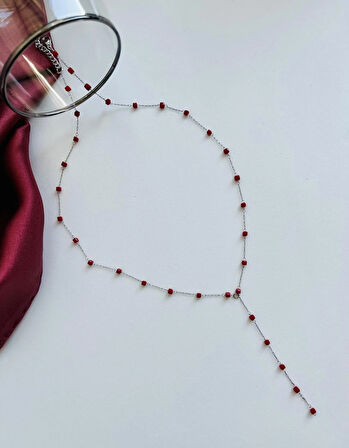 Paslanmaz Çelik Flame Kırmızı Taşlı Gümüş Y Kolye