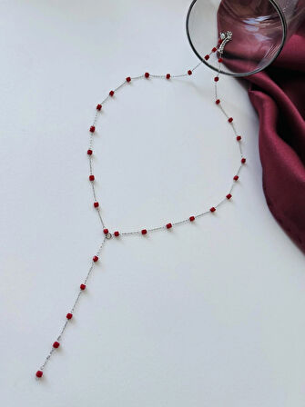 Paslanmaz Çelik Flame Kırmızı Taşlı Gümüş Y Kolye