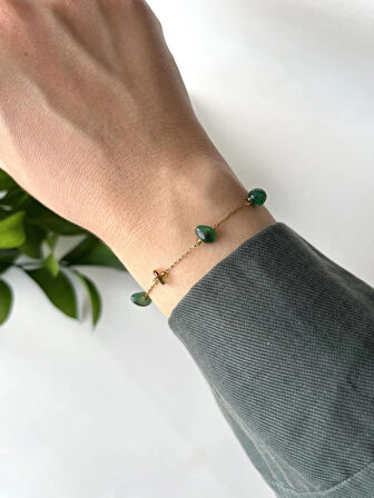 Gerçek Doğal Taşlı Paslanmaz Çelik Altın Renk Zarif Bileklik