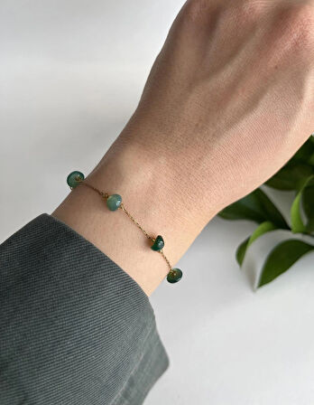 Gerçek Doğal Taşlı Paslanmaz Çelik Altın Renk Zarif Bileklik