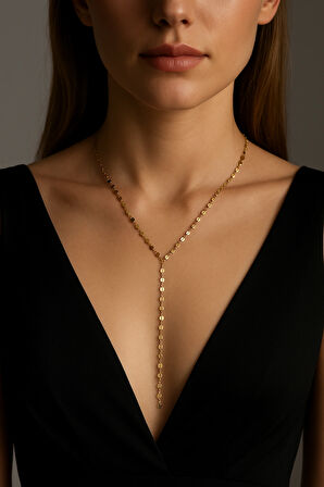 Işıltılı V Yaka Uyumlu Altın Renk Y Kolye – Şık Zincir Model