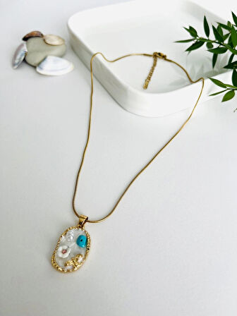 Paslanmaz 316L Çelik Vintage Çiçek Doğal Taşlı Tablo İnce İtalyan Zincirli Altın Kolye (VIP ÜRÜN)