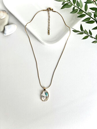 Paslanmaz 316L Çelik Vintage Çiçek Doğal Taşlı Tablo İnce İtalyan Zincirli Altın Kolye (VIP ÜRÜN)