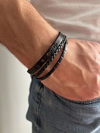 Premium Hakiki Deri Üçlü Erkek Bileklik