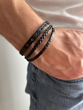 Premium Hakiki Deri Üçlü Erkek Bileklik