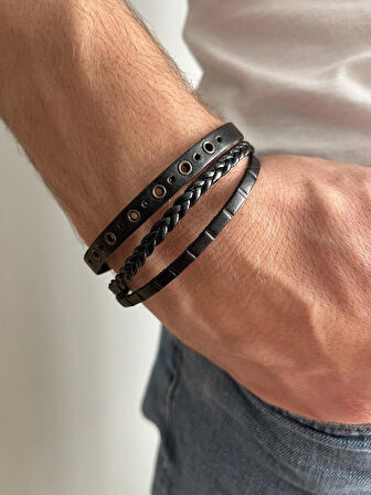 Premium Hakiki Deri Üçlü Erkek Bileklik