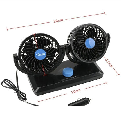 Point 12v Kademeli Çift Başlı 360 Dönebilen Araç Fanı Oto Fan Soğutucu Vantilatör