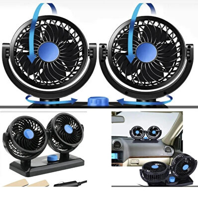 Point 12v Kademeli Çift Başlı 360 Dönebilen Araç Fanı Oto Fan Soğutucu Vantilatör