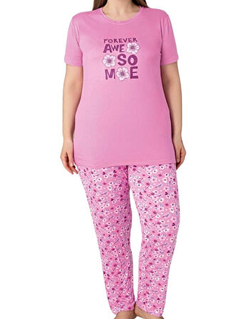 Kadın Bisiklet Yaka Düğmesiz Battal Kesim Viskon Yazlık Kısa Kol Cepli Büyük Beden Pijama Takımı