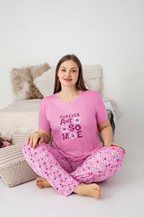 Kadın Bisiklet Yaka Düğmesiz Battal Kesim Viskon Yazlık Kısa Kol Cepli Büyük Beden Pijama Takımı