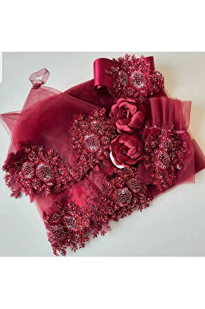 Gelin Duvağı Lüks Vip Duvak 5 Parça Set Duvak Takım Lüx Duvak Kına Malzemeleri Bordo