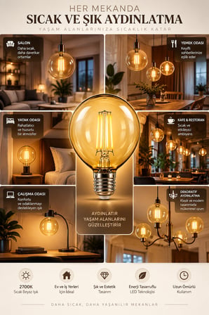 G95 Dimmerli Rustik Gün Işığı 2700K Amber LED Ampul Filament E27 Duylu Filamanlı Edison Ampül