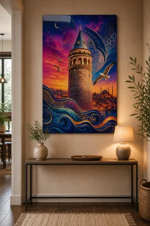 Galata Kulesi Desenli Baskılı Cam Tablo – İstanbul Temalı UV Baskı Duvar Dekoru