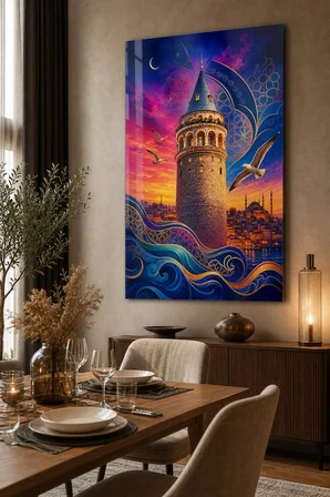 Galata Kulesi Desenli Baskılı Cam Tablo – İstanbul Temalı UV Baskı Duvar Dekoru