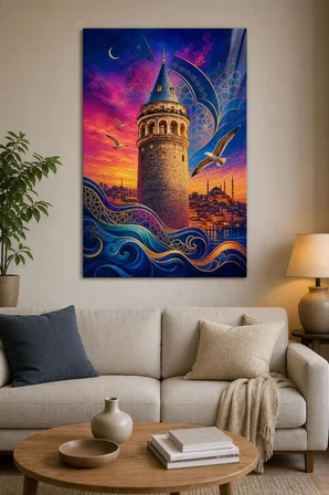 Galata Kulesi Desenli Baskılı Cam Tablo – İstanbul UV Baskı Dekoratif Duvar Tablosu