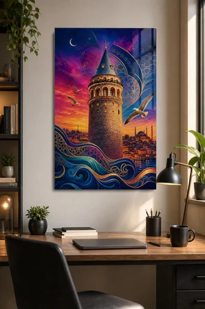 Galata Kulesi Desenli Baskılı Cam Tablo – İstanbul UV Baskı Dekoratif Duvar Tablosu