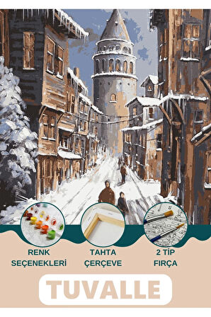 Galata Kulesi Kış Sayılarla Boyama Seti, Hobi Seti, 40X50 Tablo, Fırça Boya Asma Aparatı Dahil,