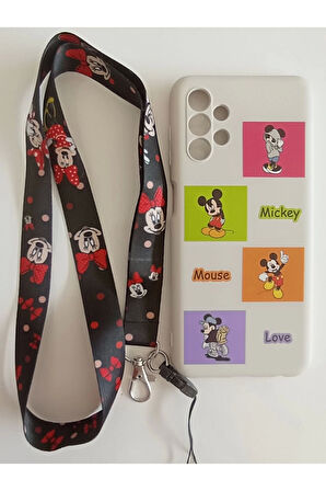 Samsung Galaxy A13 Uyumlu Mickey Mouse Tasarım Telefon Boyun Askılı Set Lansman Kılıf