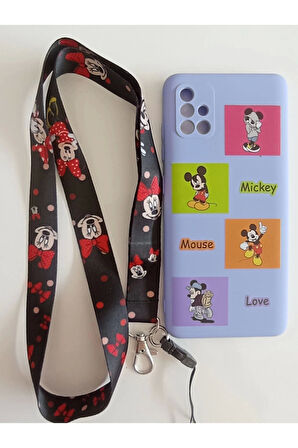 Samsung Galaxy A13 Uyumlu Mickey Mouse Tasarım Telefon Boyun Askılı Set Lansman Kılıf