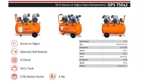 Gap 50 Lt 4 Emişli 2 Hp Sessiz Yağsız Kompresör