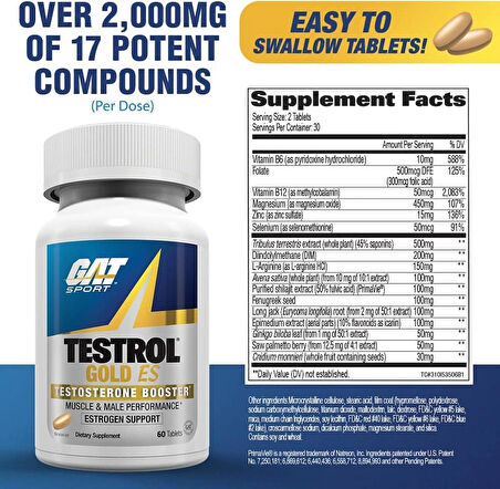 Gat Sport Testrol Gold Es Tribulus + Arginine + Selenium + Fenugreek + Saw Palmetto + Ginkgo Biloba - 60 Tablet