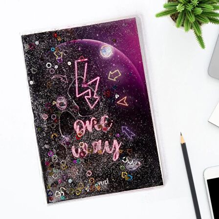 Neon Unicorn Desenli Simli ve Sulu Kapaklı A5 Defter