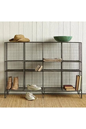 12 Raflı Büyük Kitaplık & Tel Vitrin Modeli - Siyah