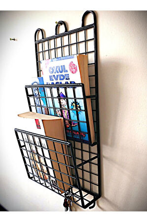 2 Gözlü Dekoratif İnce 3 Kancalı Kitaplık Dergilik Duvar Askılı Raf